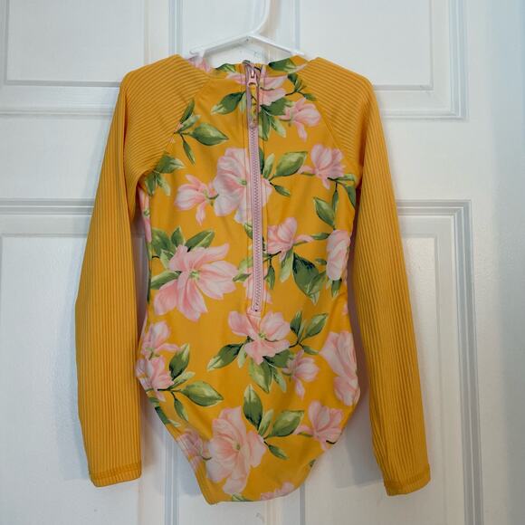 Art Class Floral Print Yellow Backzip Swimsuit/Rashguard - Picture 3 of 5
